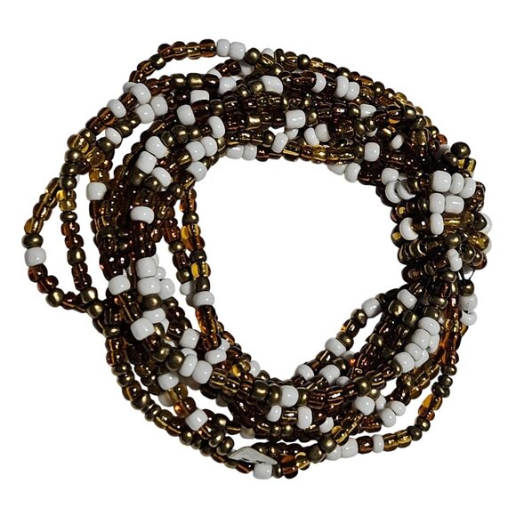 Stylish Brown White Seed Beaded Multi-Strand Stretch Bracelet Minimalist Fashion - Picture 1 of 4